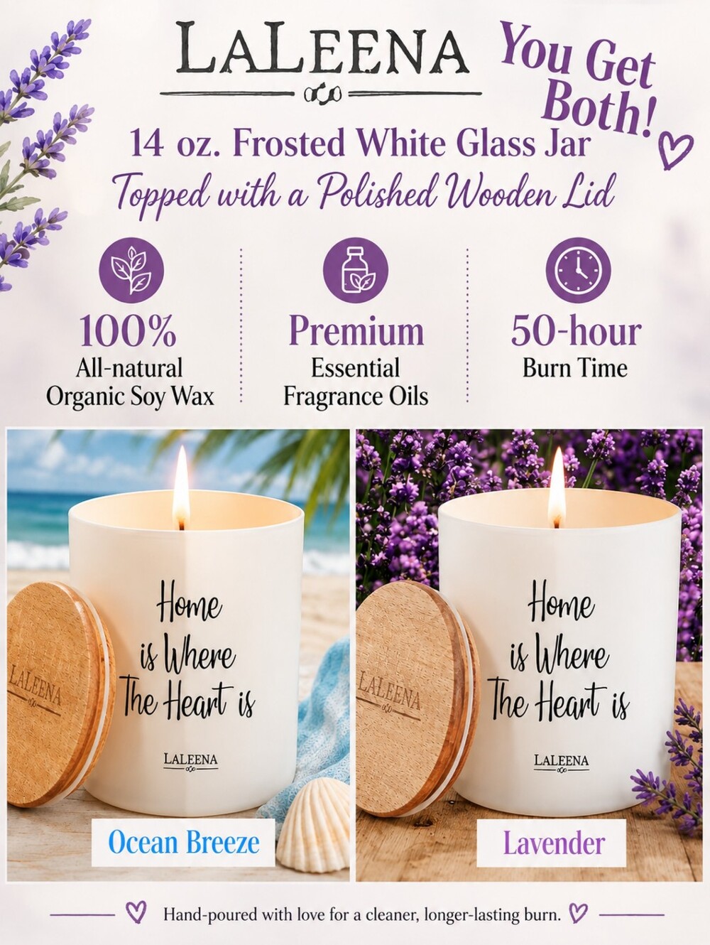 Set Of 2 LaLeena Luxury 14oz Organic Candles Ocean Breeze & Lavender Scents
